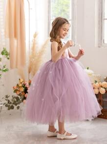 Young Girl Mesh Hem Party Dress - Purple - View 5