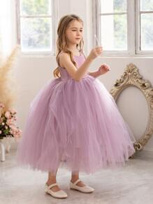 Young Girl Mesh Hem Party Dress - Purple - View 2