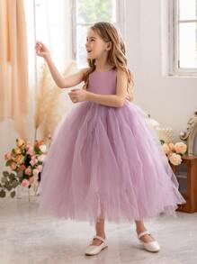 Young Girl Mesh Hem Party Dress - Purple - View 3