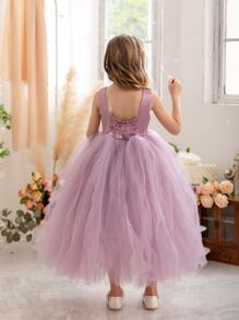 Young Girl Mesh Hem Party Dress - Purple - View 6