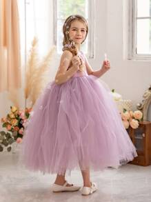 Young Girl Mesh Hem Party Dress - Purple - View 4