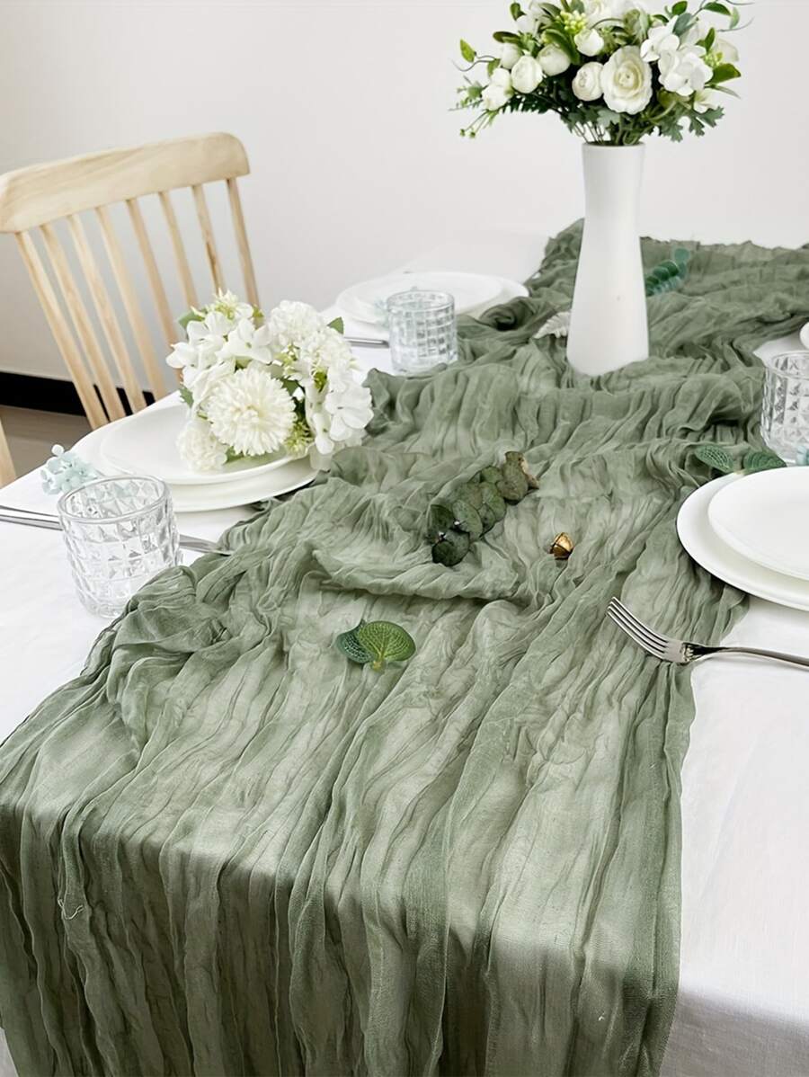 1pc Bohemian Style Long Gauze Tablecloth, Suitable For Wedding, Party, Bridal Makeup Table Decoration, Mother's Day Decoration, Party Background Decoration Prop,Christmas - Green - View 1