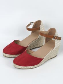 女士雙色編織踝帶楔形淺口鞋,度假戶外仿麂皮鞋 - 紅色 - 查看 2