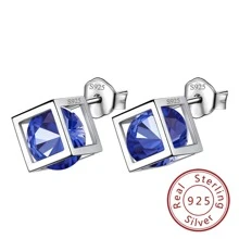 藍色方晶鋯石九月誕生石 925 純銀 3D立方體設計耳釘適合女士和女孩、生日週年紀念禮物和日常裝飾珠寶