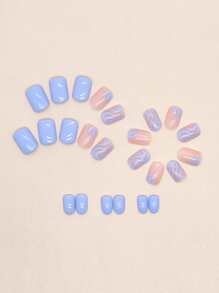 24pcs/Set Short Square Stripe Pattern False Nails With 1pc Nail File And 1pc Jelly Gel Press On Nails Nail Supplies