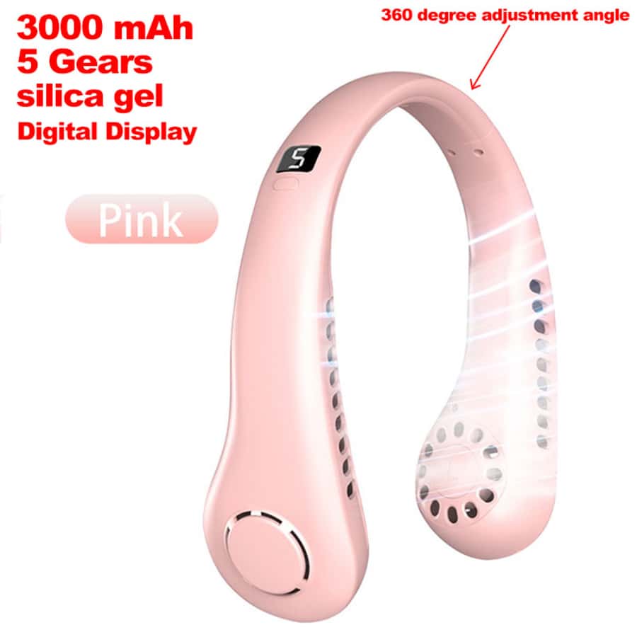 Portable Silicone Neckband Fan With Led Display Screen, Rechargeable Hands-free Wearable USB Desktop Fan Without Blades And Adjustable Direction - Pink - View 1