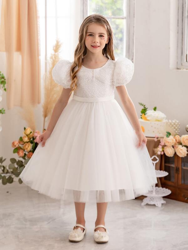 Young Girl Valentine's Day Party Princess Tulle Dress, Handmade Beaded Puff Sleeves Dance Performance Short Dress, Suitable For Girls Birthday Party, Valentine's Day Gift, Wedding, Flower Girl, Stage Performance, Holiday Celebration