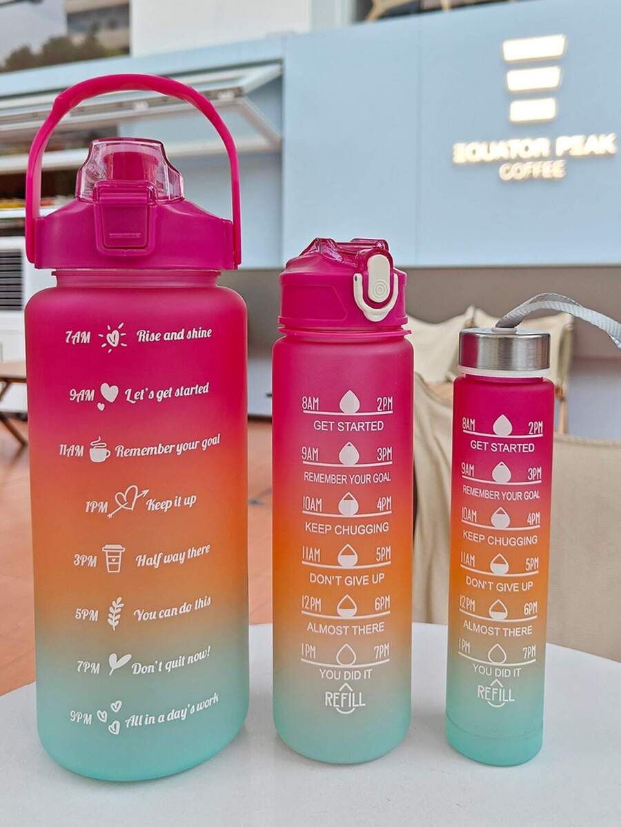 1 bình nước PC dung tích lớn 2L/750ml/300ml màu hồng ombre, cốc có ống hút di động dành cho thể thao và tập luyện, thích hợp sử dụng tại nhà, khi đi du lịch và ngoài trời. - Đỏ - Xem 1