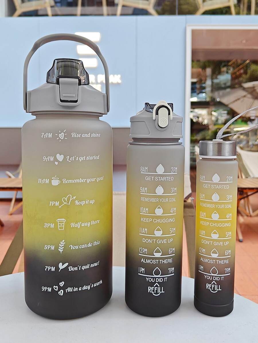 1 bình nước PC dung tích lớn 2L/750ml/300ml màu hồng ombre, cốc có ống hút di động dành cho thể thao và tập luyện, thích hợp sử dụng tại nhà, khi đi du lịch và ngoài trời. - Xám - Xem 1