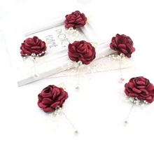 6入組中性人造珍珠裝飾和人造玫瑰設計浪漫胸花適用於裝飾用品 - 酒紅色 - 查看 4