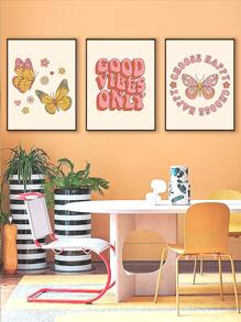 3入組復古風格蝴蝶,花,植物和英語字母藝術帆布印刷,可拆卸牆裝飾,合適適用於客廳和臥室 - 彩色 - 查看 5