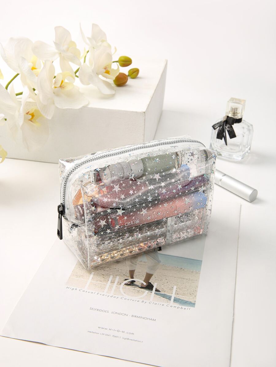 3 chiếc túi đựng mỹ phẩm lưới nylon kiểu dáng đơn giản màu đen dung tích lớn chống thấm nước du lịch tiện lợi túi đựng đồ du lịch - Trong sáng - Xem 1