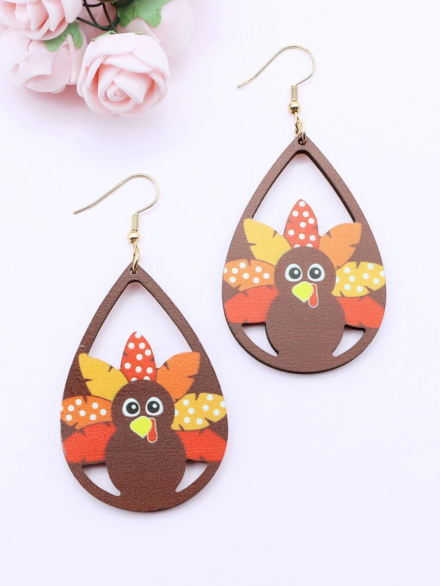 1對感恩節火雞木頭耳環適合女士秋天感恩節耳環 - 彩色 - 查看 1