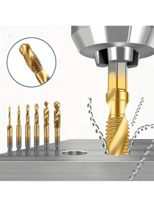 6pcs/set Titanium Coated Hss Composite Drill Bit Set With 1/4\"" Hex Shank, Spiral Flute For Deburring & Countersinking In Metalworking