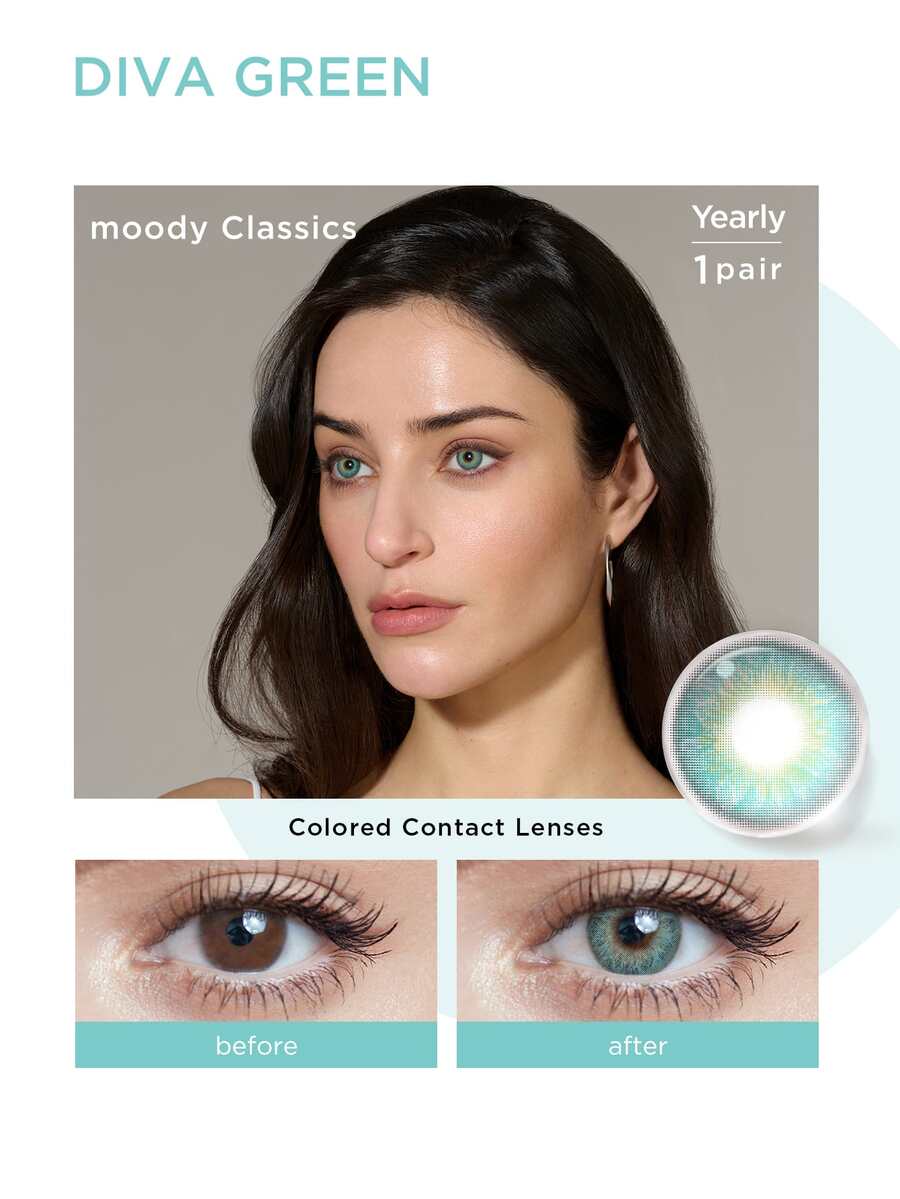 moody 年度一次性彩色隱形眼鏡喜怒無常經典系列，美容隱形眼鏡眼睛鏡片，時尚美麗舒適大眼睛鏡片適合女士和女孩，Diva Green - 1 年，1 對