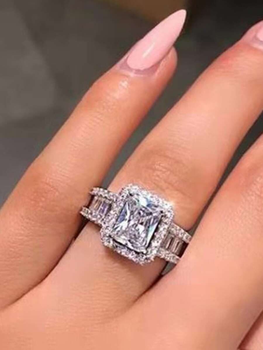 1 Miếng Thanh lịch Khối Zirconia  Nhẫn Đối với phụ nữ Cho đám cưới Hôn ước Ngày kỷ niệm Đồ trang sức Ngày lễ tình nhân Qủa tặng - Bạc - Xem 1