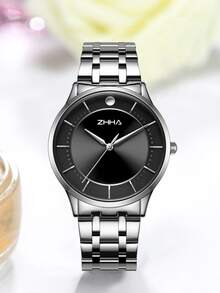 1 件 Zhha 經典休閒時尚商務男士不銹鋼石英腕錶 - 銀色 - 查看 2