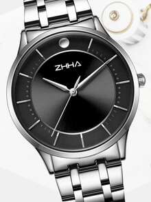 1 件 Zhha 經典休閒時尚商務男士不銹鋼石英腕錶 - 銀色 - 查看 3