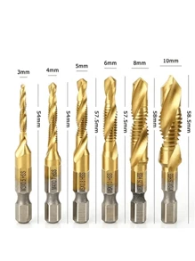 6pcs/set Titanium Coated Hss Composite Drill Bit Set With 1/4\"" Hex Shank, Spiral Flute For Deburring & Countersinking In Metalworking
