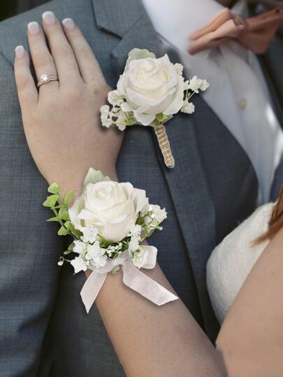 2PCS White Rose Boutonniere And Bride Wrist Corsage Set For Wedding Party Prom Homecoming Valentine's Day