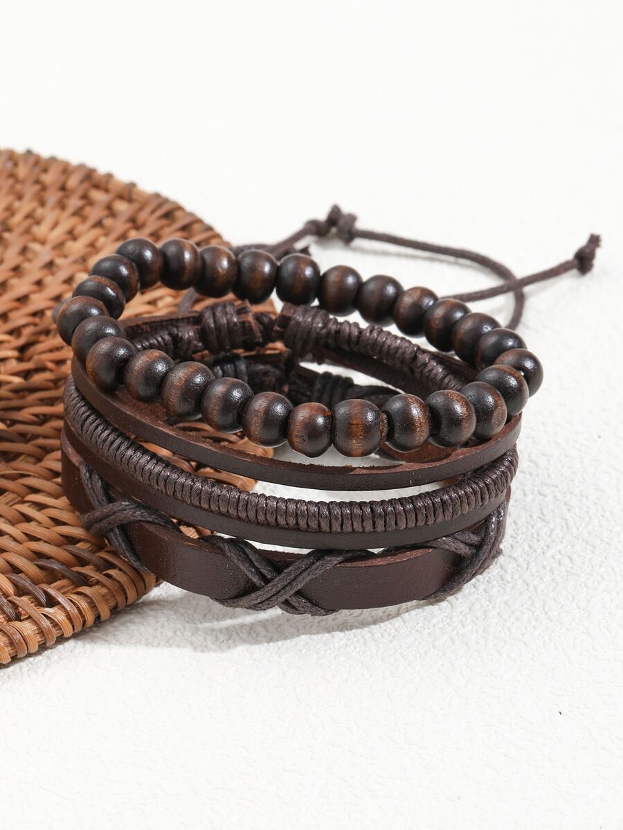 3pcs/set Western Style Punk Braided Detail Wooden Bracelet For Women Men For Birthday Gift - Coffee Brown - View 1