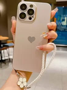 New High-Quality Champagne Metal Heart Decor PC Hard Protective Case + Beige Floral Lanyard Compatible With IPhone 11/12/13/14/15/16/17 Pro Max - Champagne - View 2