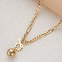 不銹鋼大金色項鍊適合女士鏈條樣式項鍊帶大球吊墜項鍊圓形心項鍊吊墜鏈條鎖脖領口首飾類生日禮物適合女孩伴娘禮物 - 金色 - 查看 1