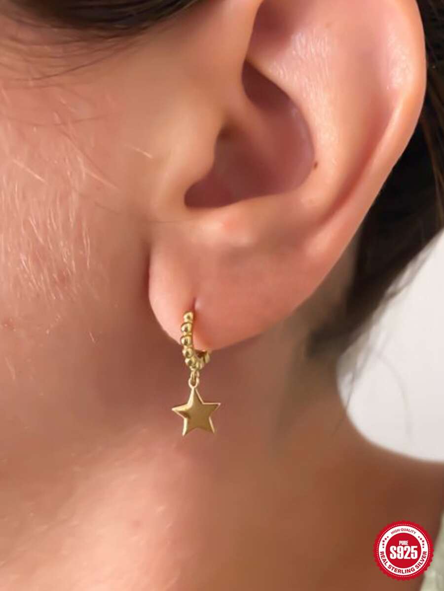 1對925純銀金色星星懸垂耳環多用途趨勢極簡耳環週年禮物適合女士 - 金色 - 查看 1
