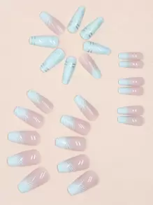 24 piezas de uñas postizas de forma de ataúd de longitud media con degradado verde fresco, con líneas blancas asimétricas, que incluye 1 lima de uñas y 1 juego de uñas de gel de presión