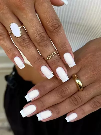 24pcs Medium And Long Square Nails Simple And Pure White French Manicure Classic And Versatile Manicure Pieces Wearable Detachable False Nails Rubbing Strips & Jelly Glue Press On Nails Nail Supplies
