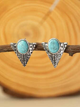 1對復古波西米亞風圖案綠松石色三角形耳釘