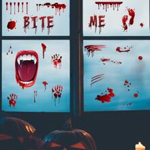萬聖節裝飾品牆貼裝飾窗戶貼花，3 張血腥嘴手印腳印恐怖浴室殭屍派對裝飾品 - 紅色 - 查看 2