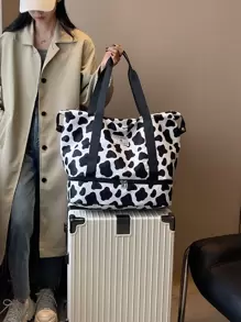 奶牛纹防水手提包，带购物袋，瑜伽包，大容量可折叠包，旅行包，游泳包，健身包，返校旅行健身包，邮轮露营必备包，徒步旅行必备包，夏季返校包，学习用品包 - 黑與白 - 查看 3