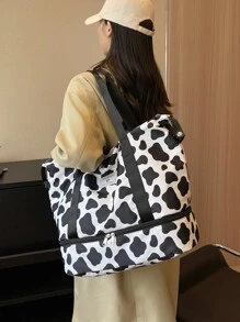 奶牛纹防水手提包，带购物袋，瑜伽包，大容量可折叠包，旅行包，游泳包，健身包，返校旅行健身包，邮轮露营必备包，徒步旅行必备包，夏季返校包，学习用品包 - 黑與白 - 查看 4