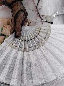 1入組復古白色蕾絲裝飾扇,夏天蘭花扇,舞蹈表現攝影道具折扇,家庭桌面裝飾扇 - 白色 - 查看 6