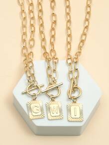 1入組大寫26英文字母吊墜項鍊長方形獎牌OT扣 - 金黃色 - 查看 6