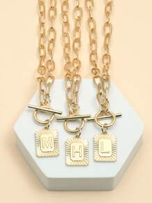 1入組大寫26英文字母吊墜項鍊長方形獎牌OT扣 - 金黃色 - 查看 7