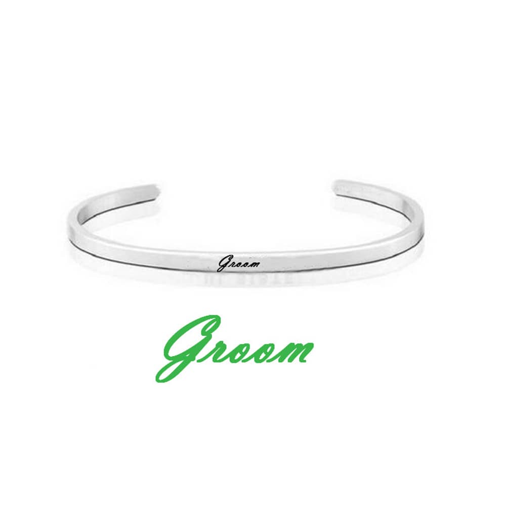 4mm Stainless Steel Mantra Bracelet With Engraved Message And Open Cuff Design, Wedding Theme Inspirational Bangle - groom - View 1