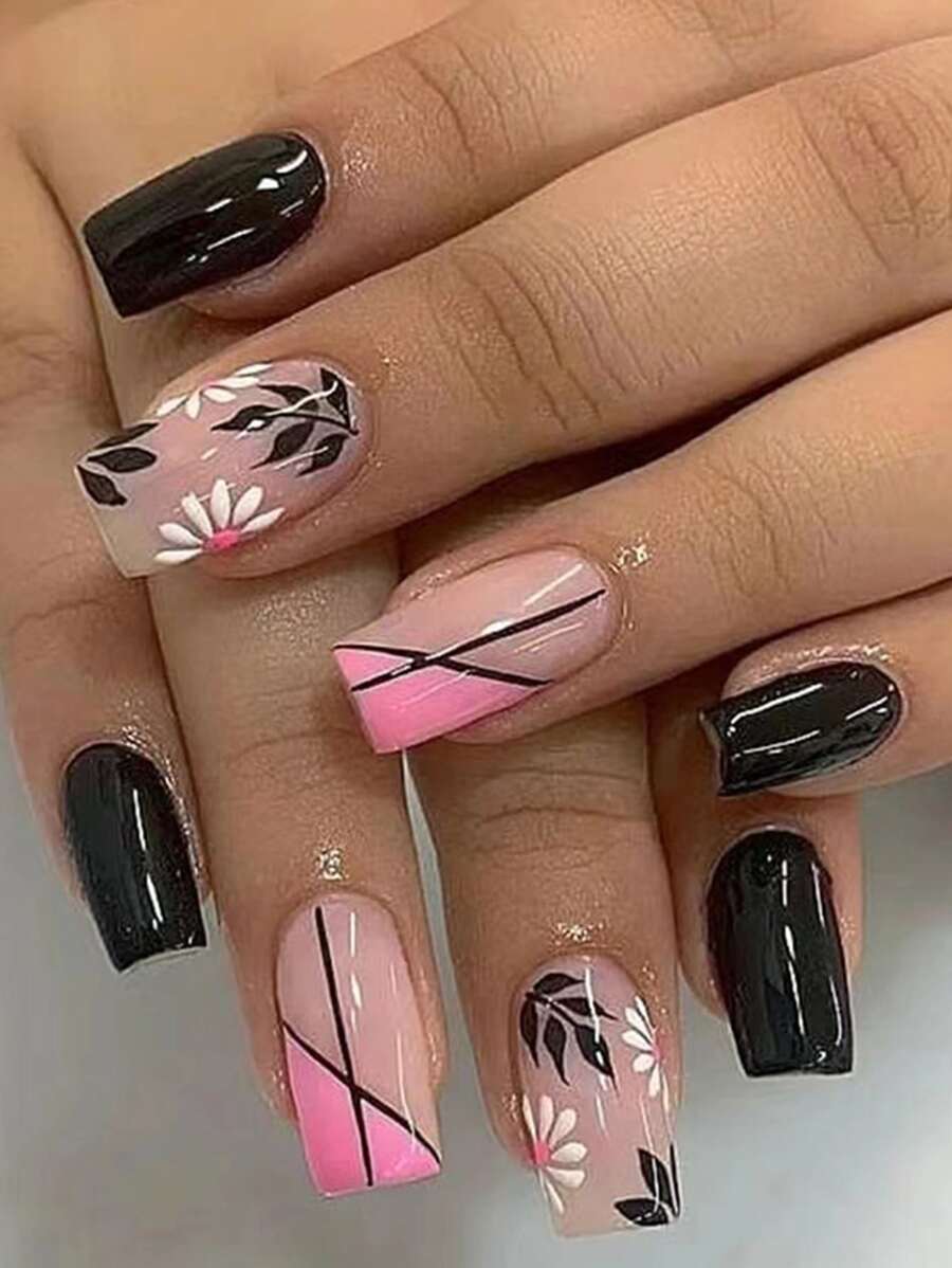 24入組中長方形指甲片甜美風黑色花卉圖案美甲帶斜面邊法語黑色粉色的鴛鴦顏色可穿戴可拆卸假的指甲條&果凍膠水 - 彩色 - 查看 1