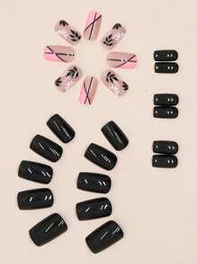 24入組中長方形指甲片甜美風黑色花卉圖案美甲帶斜面邊法語黑色粉色的鴛鴦顏色可穿戴可拆卸假的指甲條&果凍膠水 - 彩色 - 查看 2