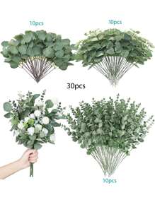 Mother's Day Decoration 9/30/60/120 Pcs 3 Kinds Mixed Eucalyptus Leaves Stems Bulk Artificial Silver Dollar Eucalyptus Leaves Picks Dried Eucalyptus Bundle Faux Spray For Wedding Vase Bouquet Floral Arrangement Decor Gifts Birthday Graduation,Fake Plants