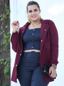 Plus Size Coats - 酒紅色 - 查看 2