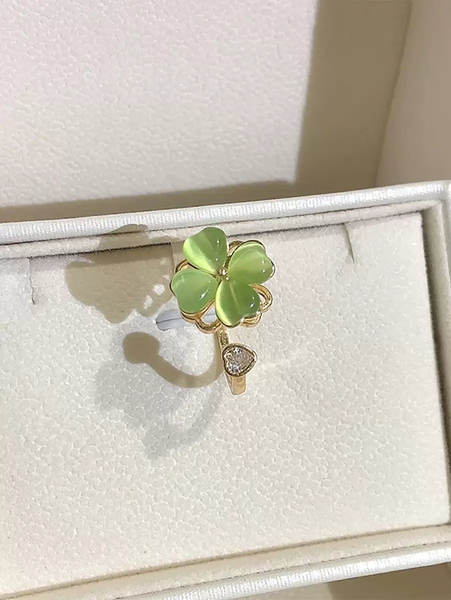 Green Cat's Eye Stone Rotatable Four-Leaf Clover Ring Valentines,Mom,Mother,Mother's Day,Gift
