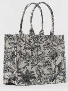 2024 Summer New Fashion Retro Flower Pattern Canvas Tote Bag With Large Capacity, Embroidery Detail And Shoulder Strap - Black and White - View 4