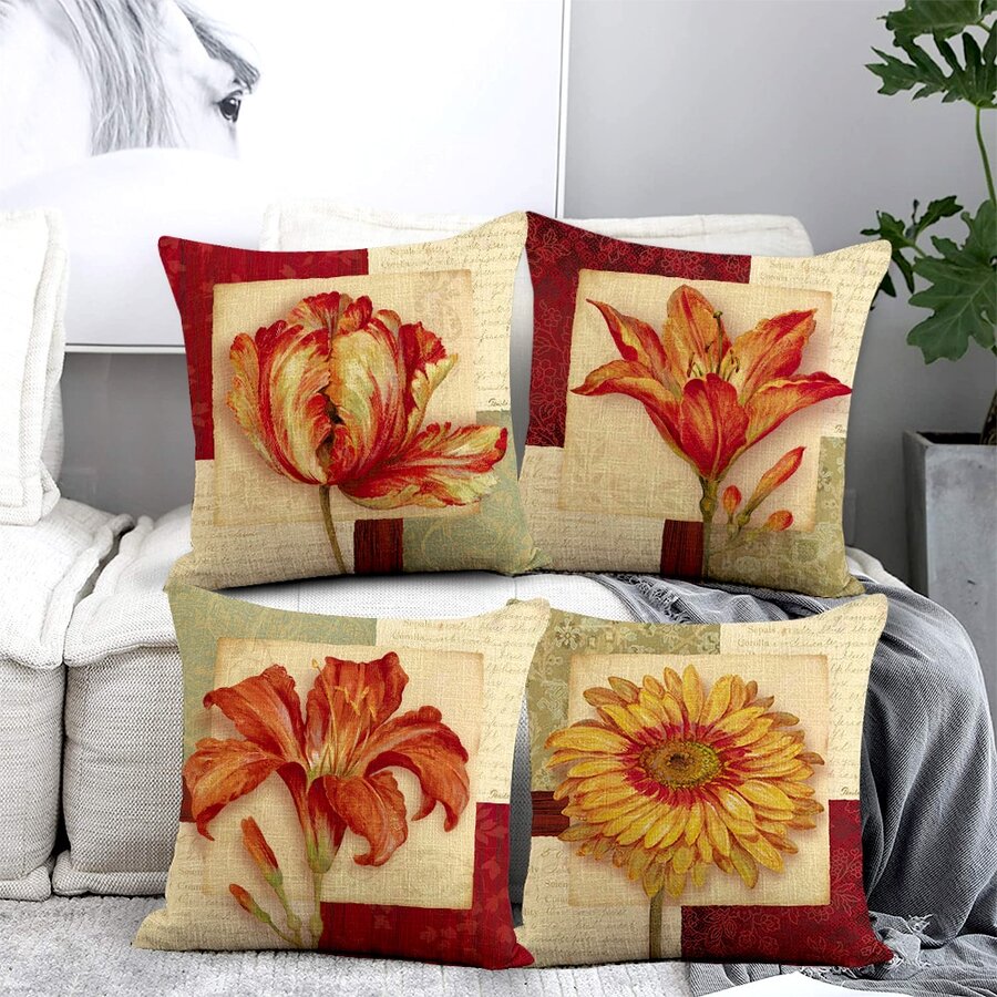 4pcs Red Vintage Floral Printed Cushion Cover, Simple Style Sofa Decorative Pillowcases Without Pillow Inner - Multicolor - View 1