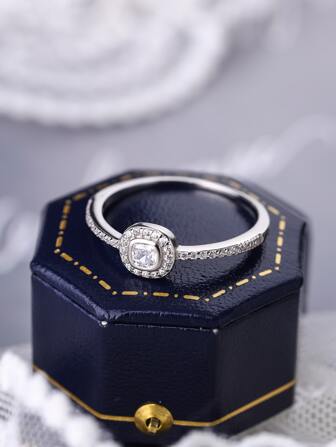 S925戒指，女士经典个性化订婚求婚戒指，仿铂金镀层时尚戒指，微镶嵌几何设计指节戒指/中指戒指，盒装，款式随机