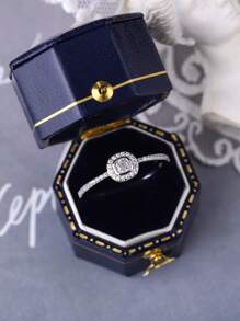 S925 Ring, Women Classic Personalized Engagement Proposal Ring, Simulated Platinum Plated Fashion Ring, Micro-Inlaid Geometric Design Knuckle/Midi Ring, Boxed Set, Random Style