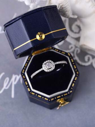 Bague S925, bague de fiançailles personnalisée classique pour femme, bague de mode plaquée platine simulé, bague anneau géométrique microincrusté pour phalange/anneau mi-doigt, ensemble en boîte, style aléatoire