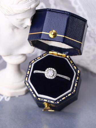 S925戒指，女士经典个性化订婚求婚戒指，仿铂金镀层时尚戒指，微镶嵌几何设计指节戒指/中指戒指，盒装，款式随机