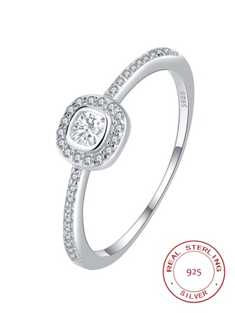 S925 Ring, Women Classic Personalized Engagement Proposal Ring, Simulated Platinum Plated Fashion Ring, Micro-Inlaid Geometric Design Knuckle/Midi Ring, Boxed Set, Random Style